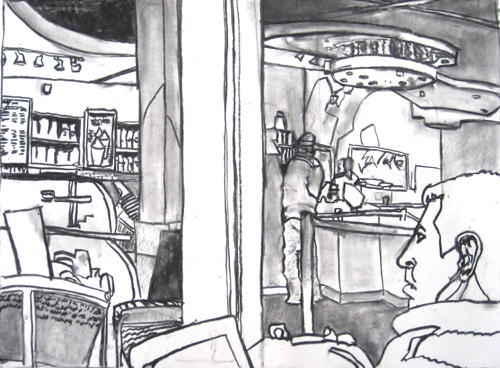 After Work #3 Starbucks Astor Place;
Willow Charcoal/Paper, 2014;
18 x 24 in. After Work #3 Starbucks Astor Place;
Willow Charcoal/Paper, 2014;
18 x 24 in.